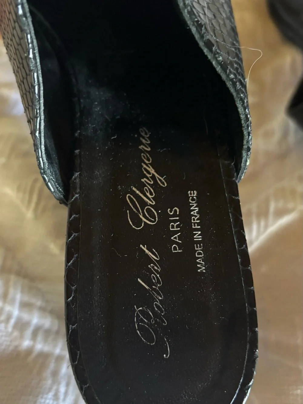 Black leather Faux Snakeskin Slide Mules